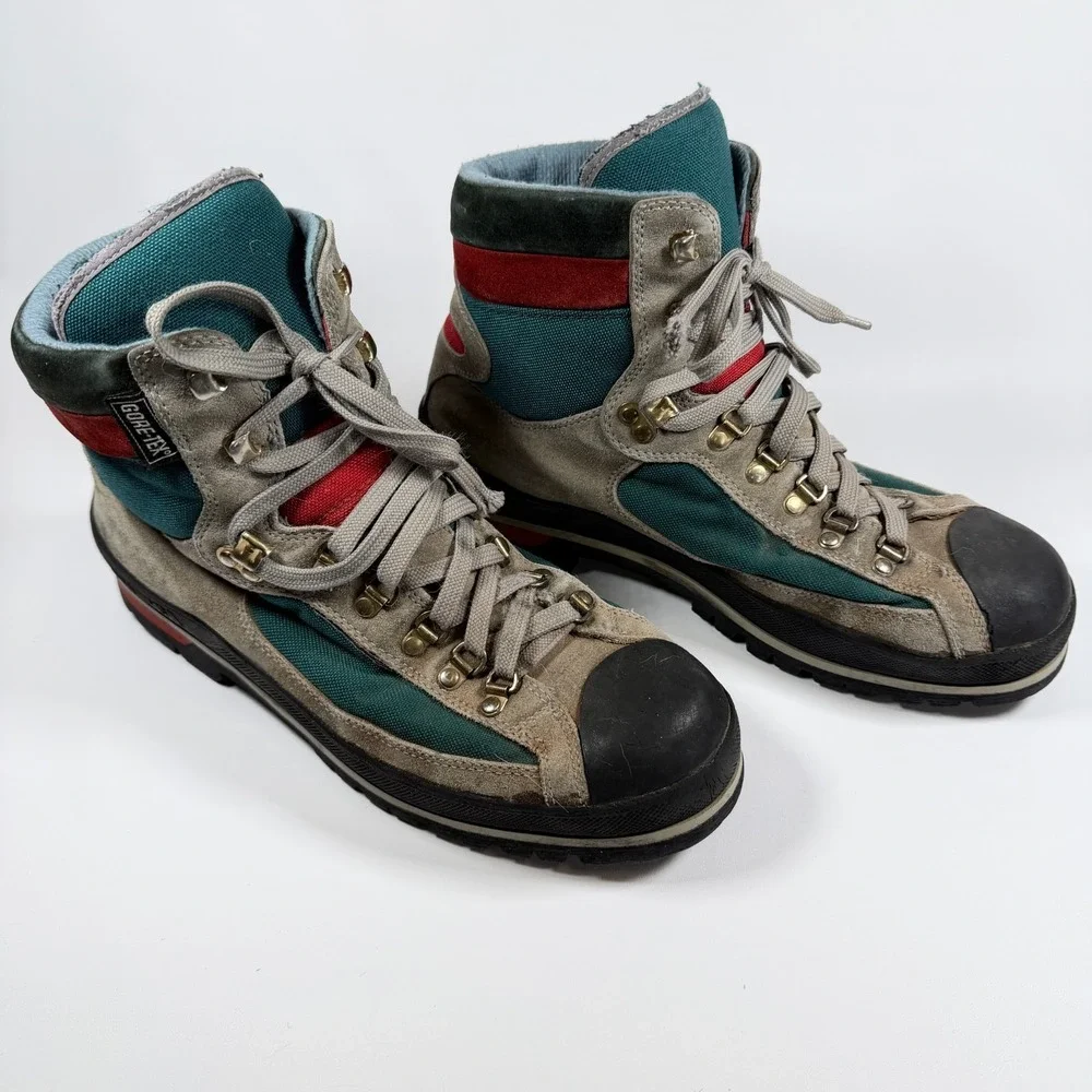 Tecnica Gore Tex Hiking Boots Vintage Made In Italy Teal Red Grey Mens 11